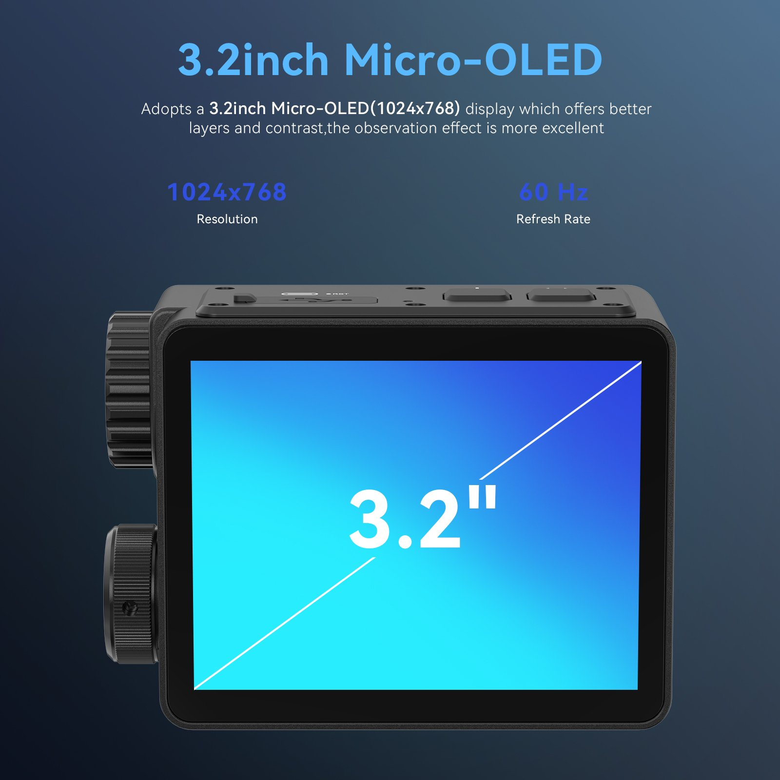 Un dispositivo nero con uno schermo blu che mostra "3.2"" e testo che descrive il suo display Micro-OLED da 3,2 pollici.