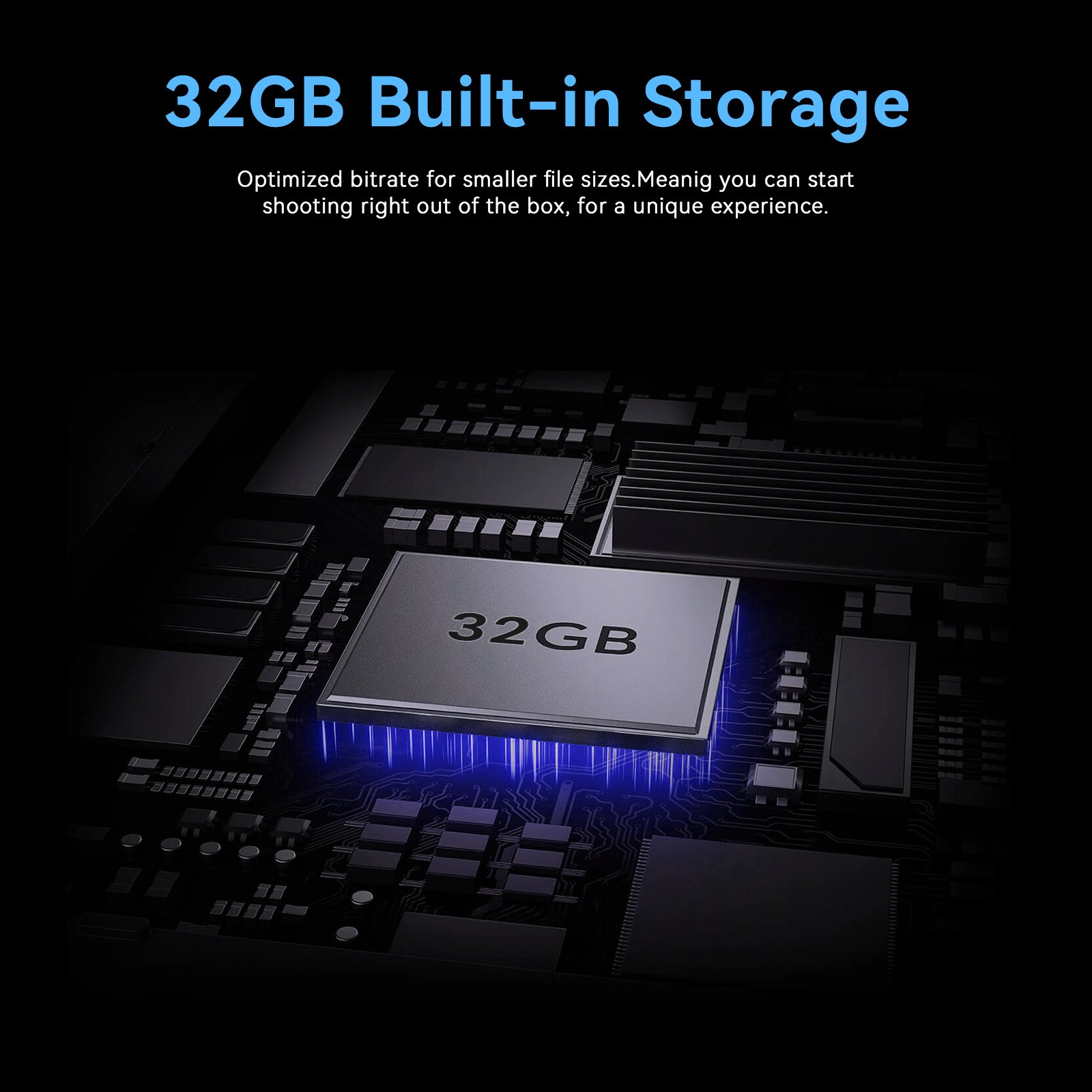 Primo piano di un chip di computer con '32GB' visibile, che brilla di blu.