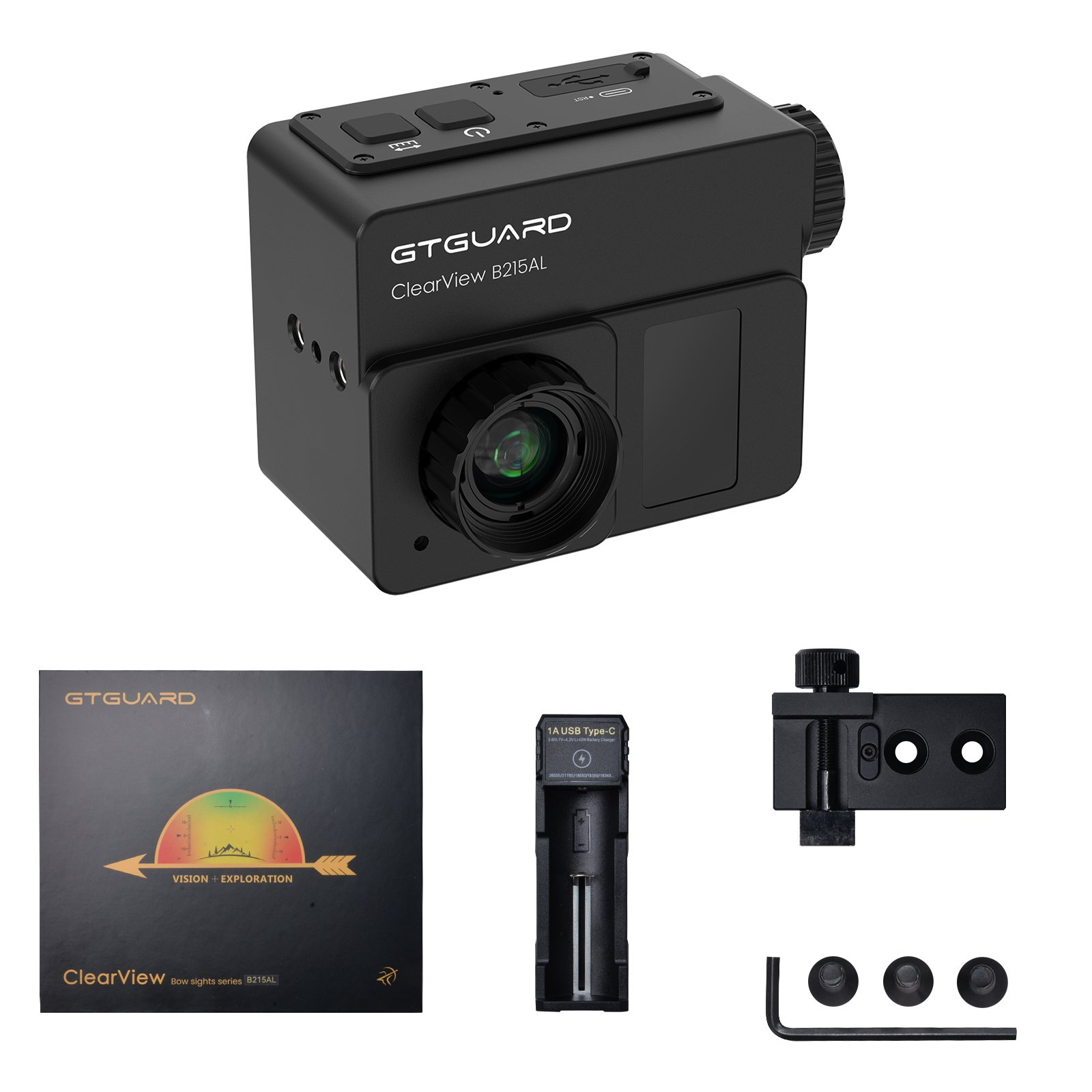 Un set di fotocamere GTGUARD ClearView B215AL nero con accessori su sfondo bianco.