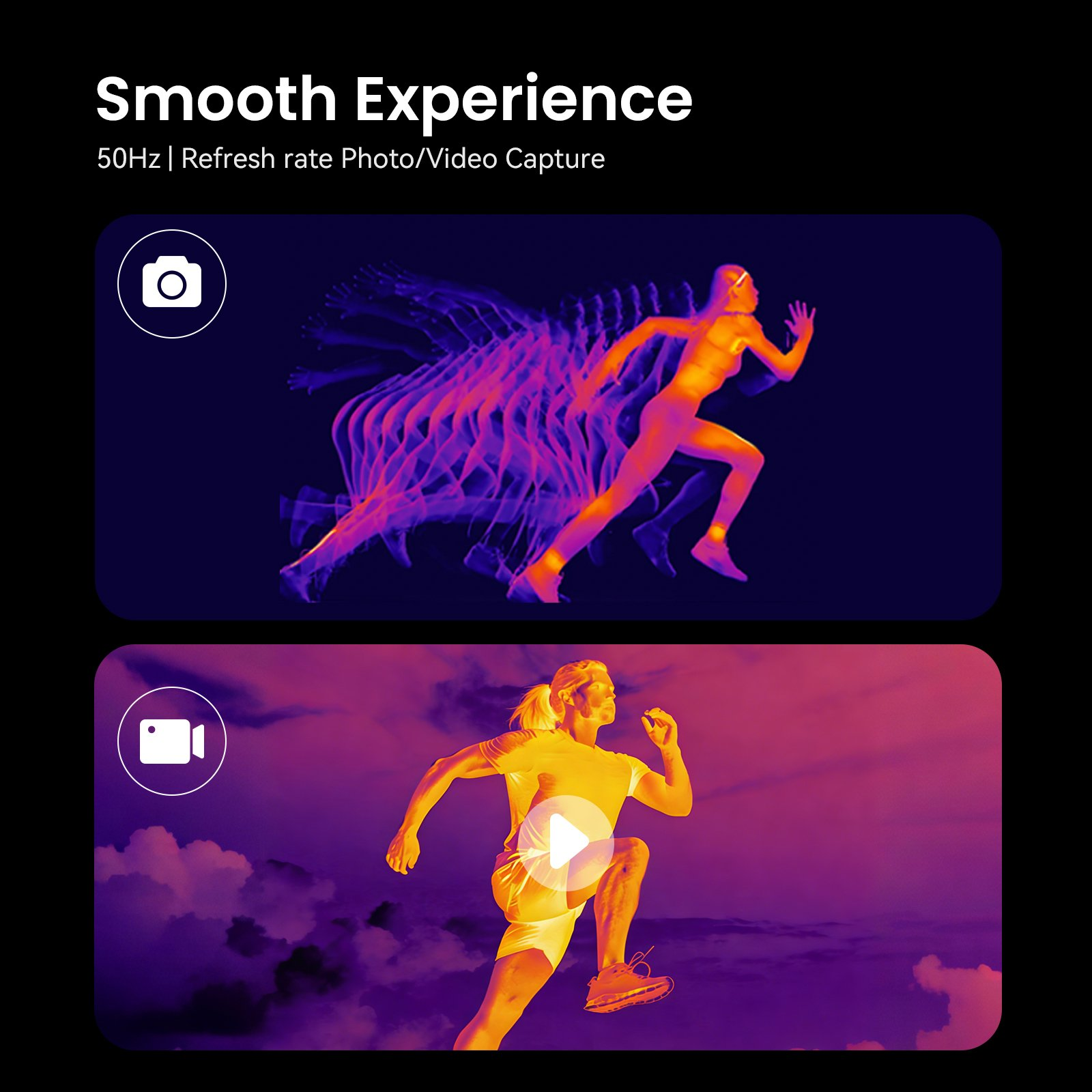 Un corridore in movimento, con icone di fotocamera e videocamera.
