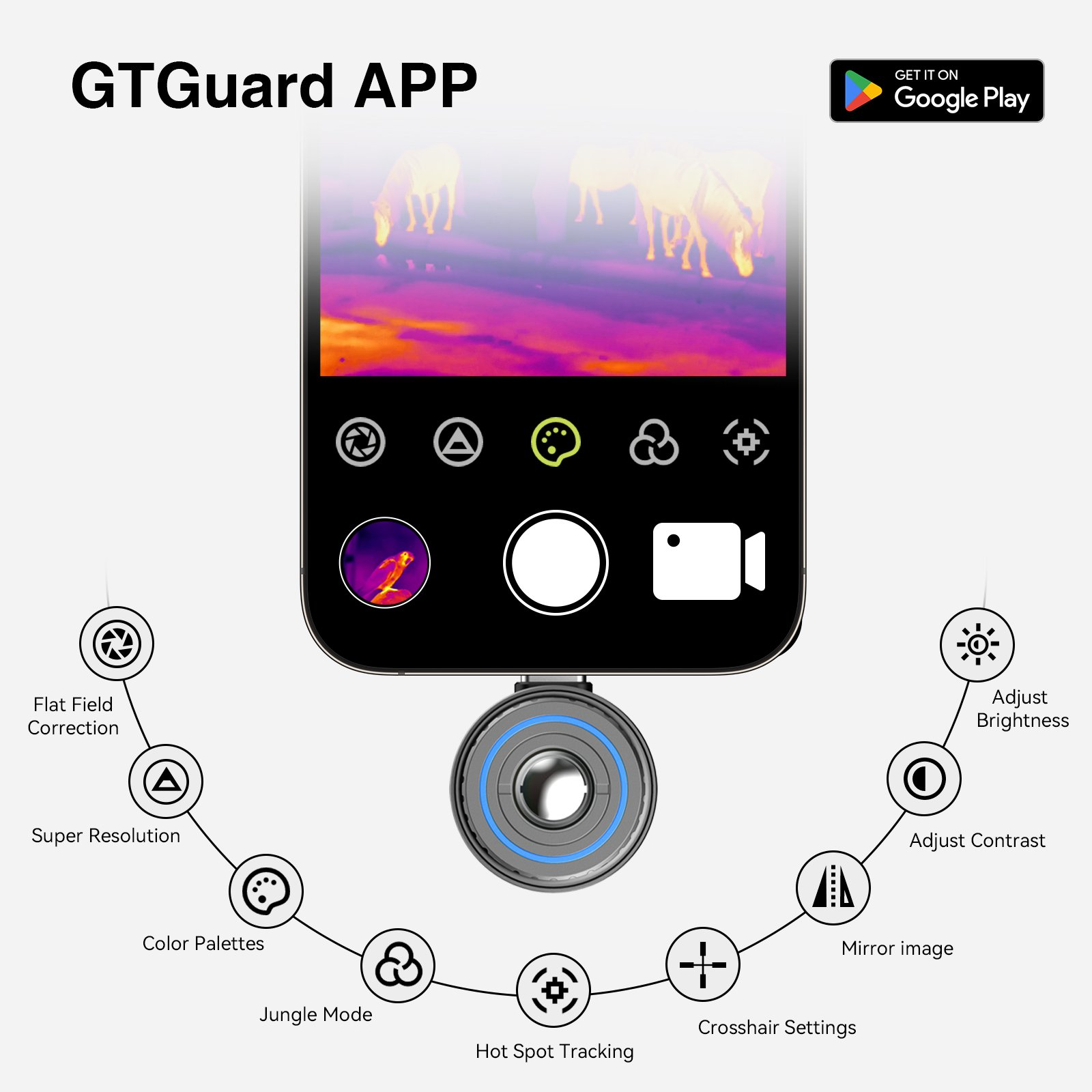 GTGuard APP che mostra immagine termica di cavalli, controlli e Google Play.