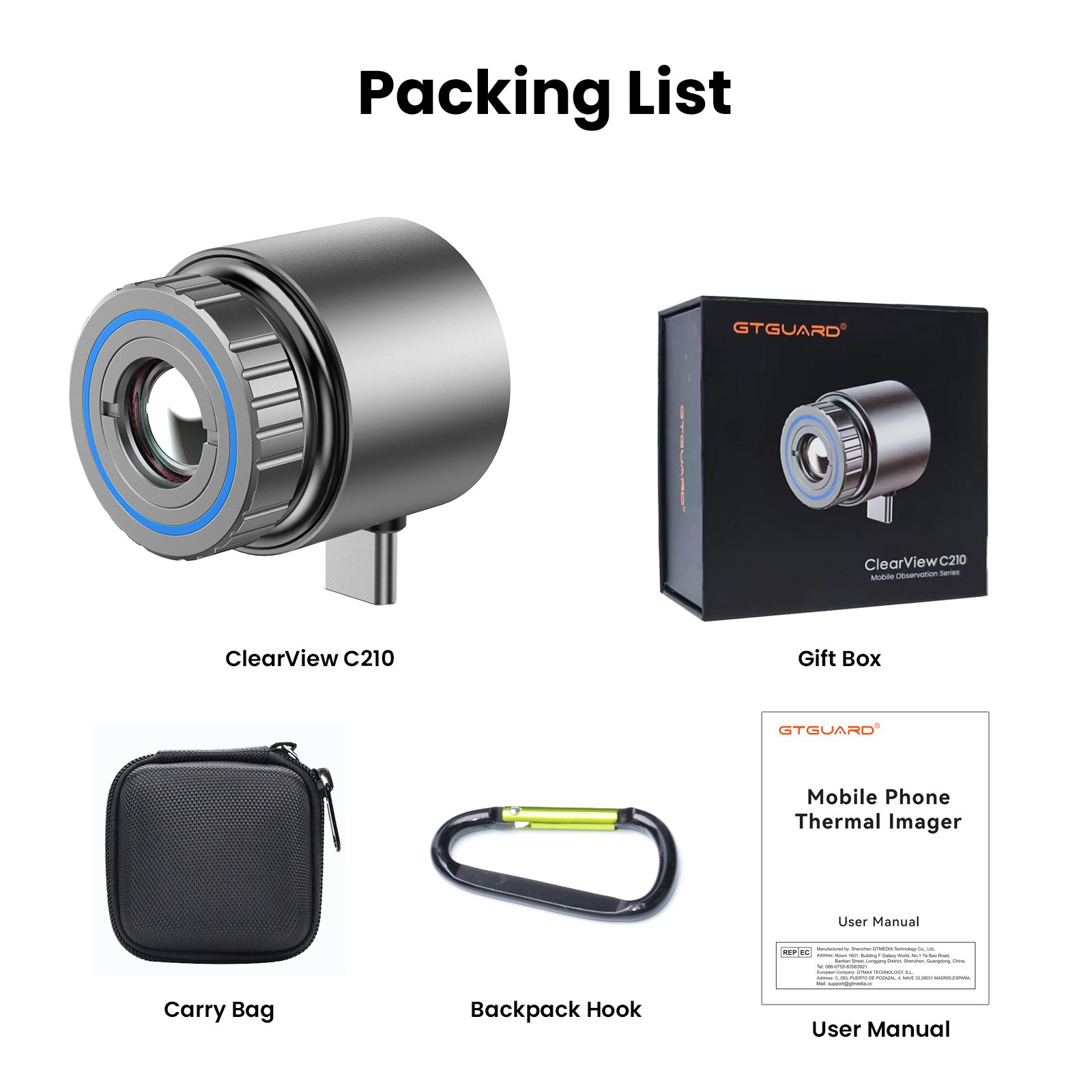 Lista di imballaggio: Termocamera, confezione regalo, borsa, gancio, manuale.