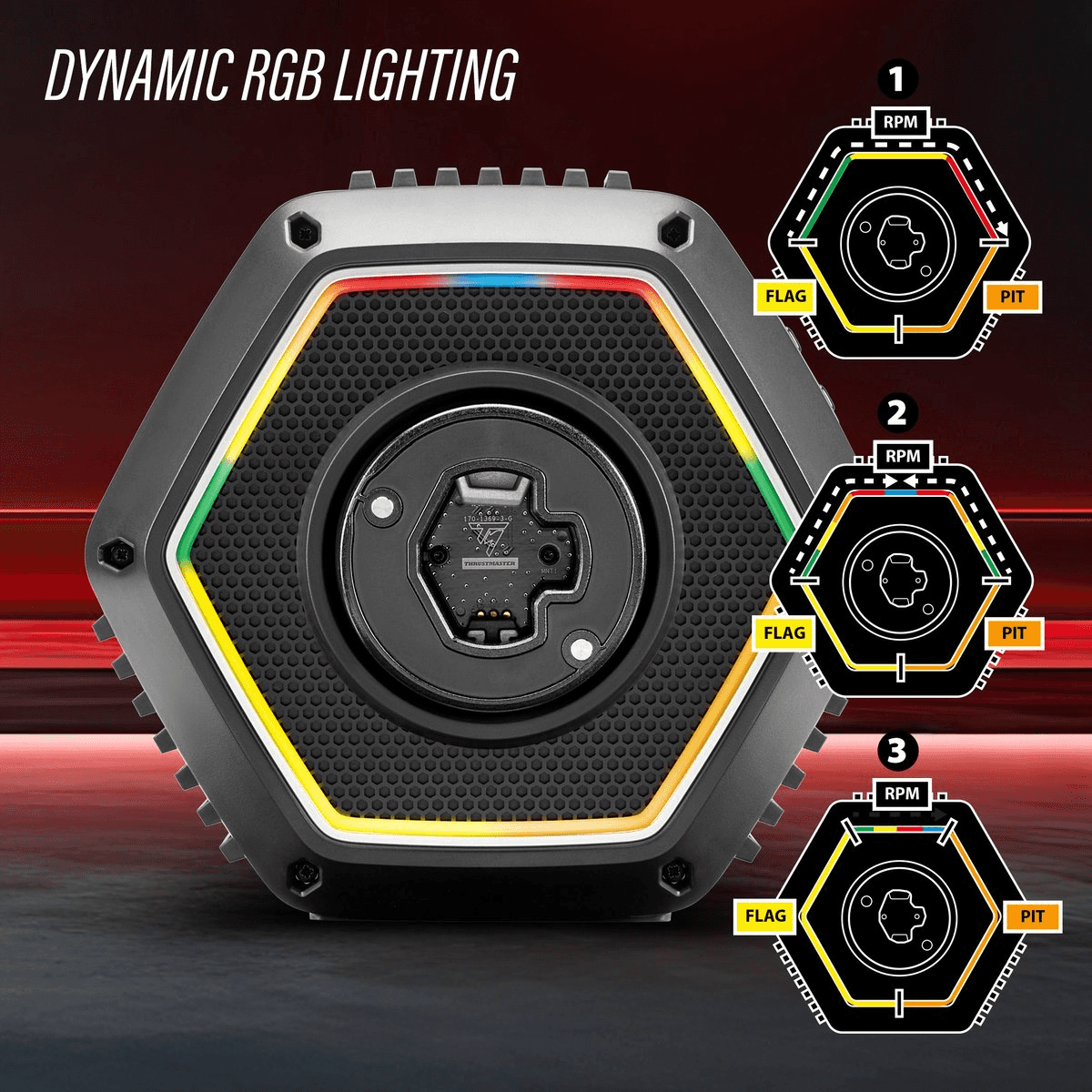 Dispositivo hexagonal con iluminación RGB dinámica e indicadores de carrera.