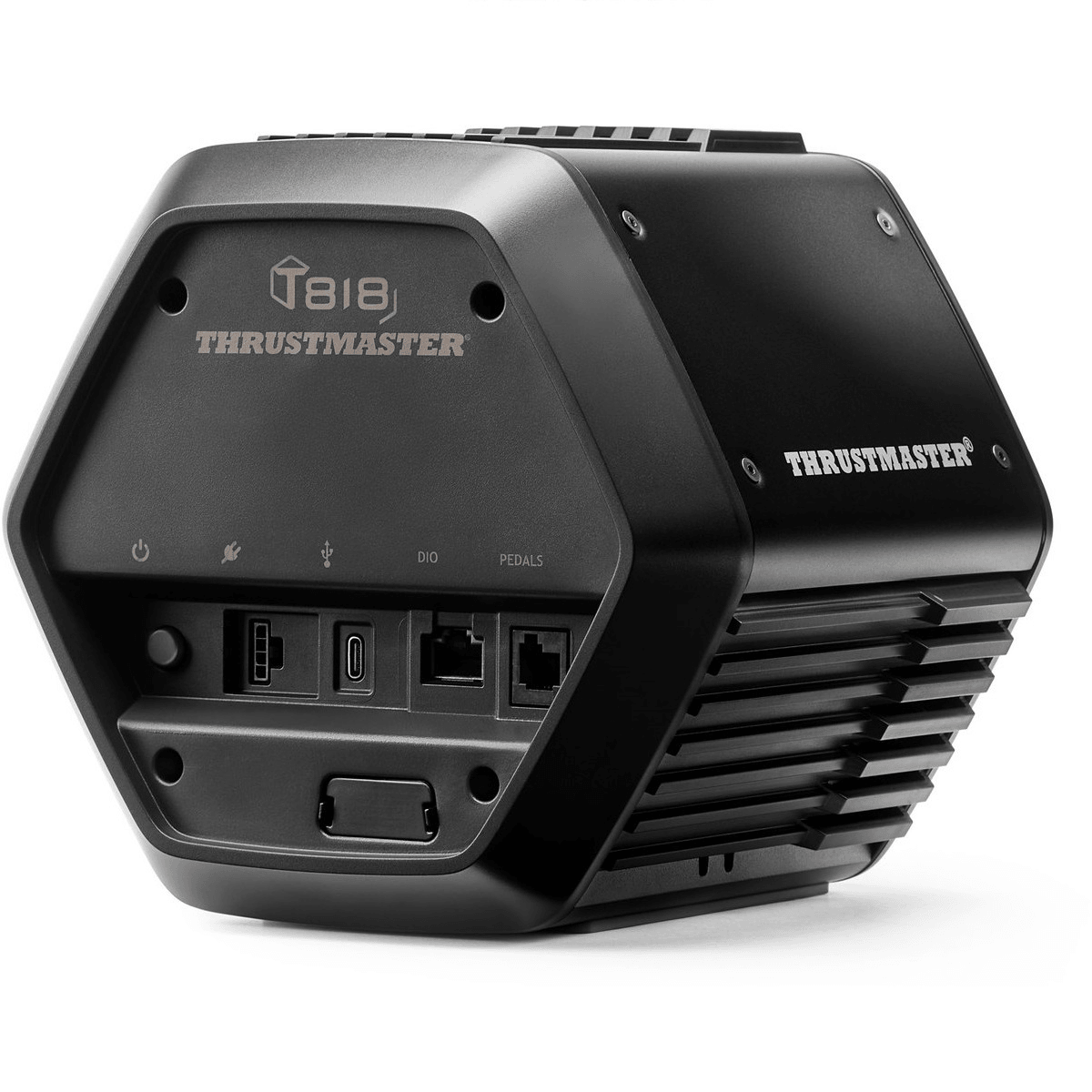 Base de volante de carreras Thrustmaster T818 force feedback negra con puertos.