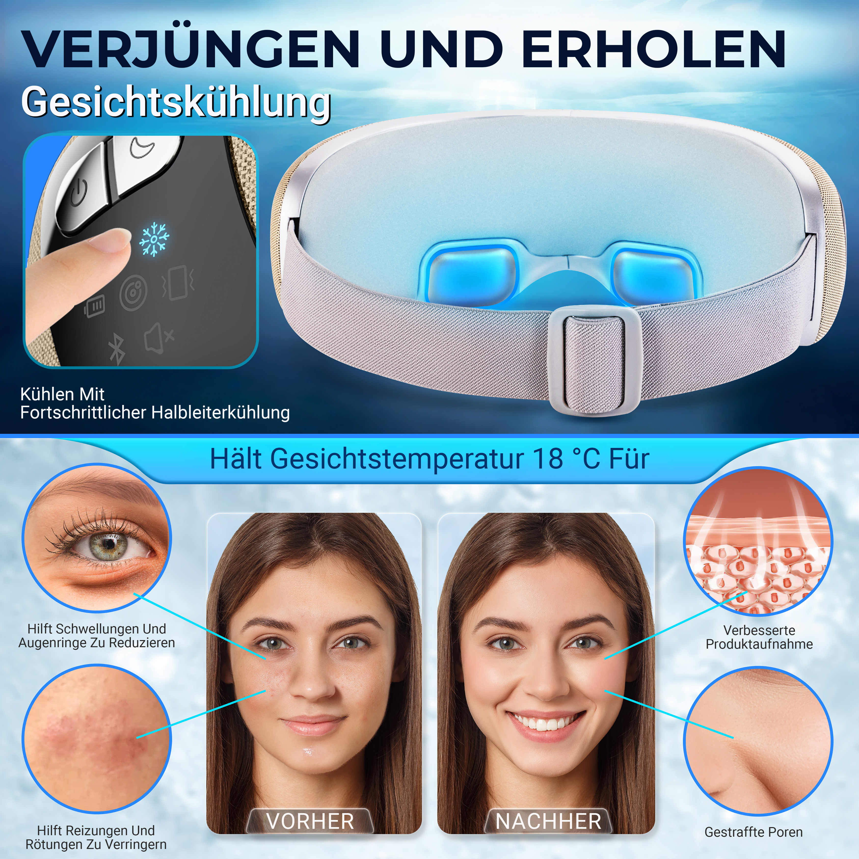 Eine Werbung für ein Gesichtskühlgerät, die Vorher-Nachher-Bilder des Gesichts einer Frau und Hautvorteile zeigt.