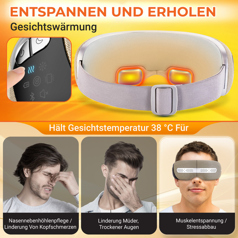 Ein Augenmassagegerät mit Bedienfeld und drei Männern, die seine Vorteile bei Kopfschmerzen, müden Augen und zur Entspannung demonstrieren.