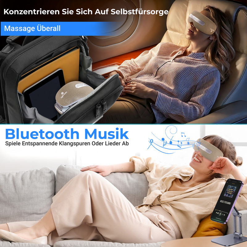 Eine Frau benutzt eine Massage-Augenmaske im Flugzeug, entspannt sich dann damit auf einer Couch und hört Musik.