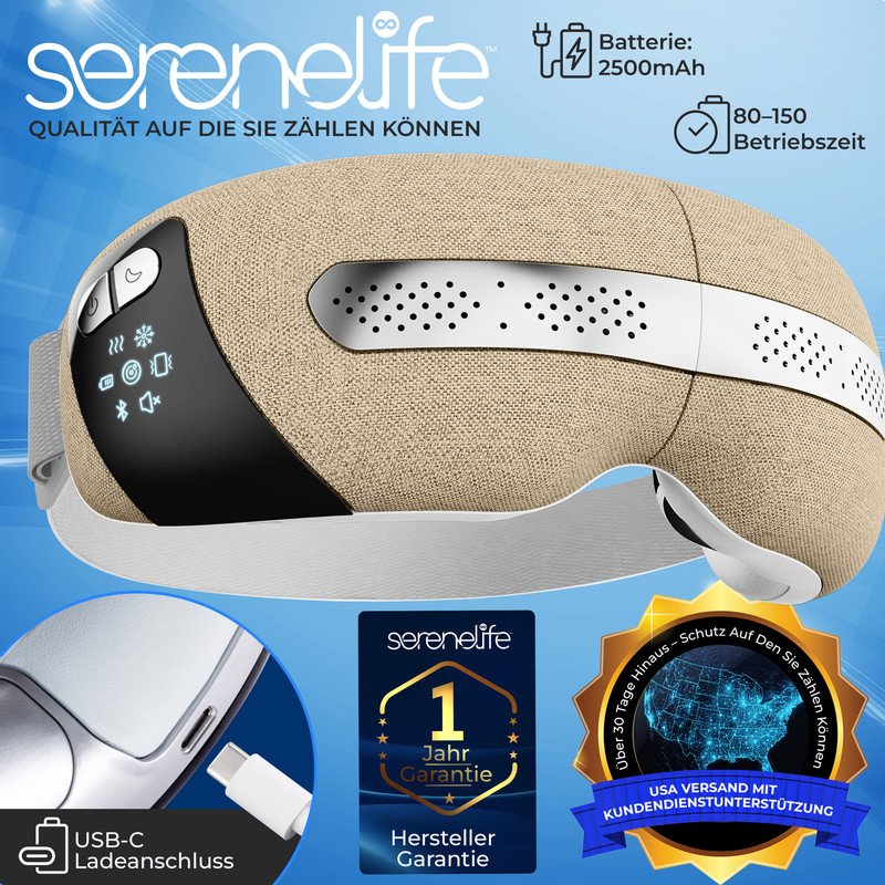 Ein beiges und schwarzes Augenmassagegerät mit Bedientasten und Display, zusammen mit Produktmerkmalen und Garantieinformationen.