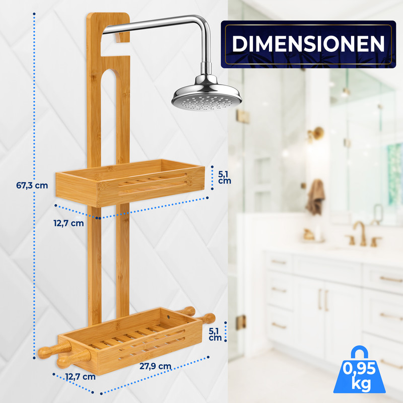 Duschablage aus Bambus mit zwei Ebenen, Maße sind angegeben.