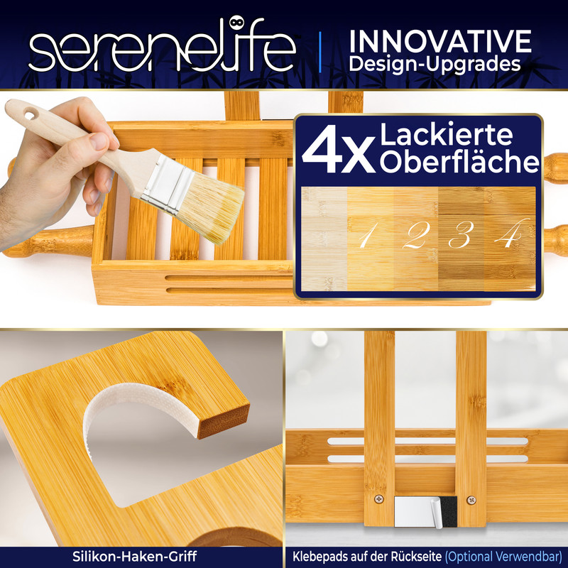Bambus-Badewannenablage mit 4x lackierten Oberflächenoptionen. Mit Haken und Klebepads.