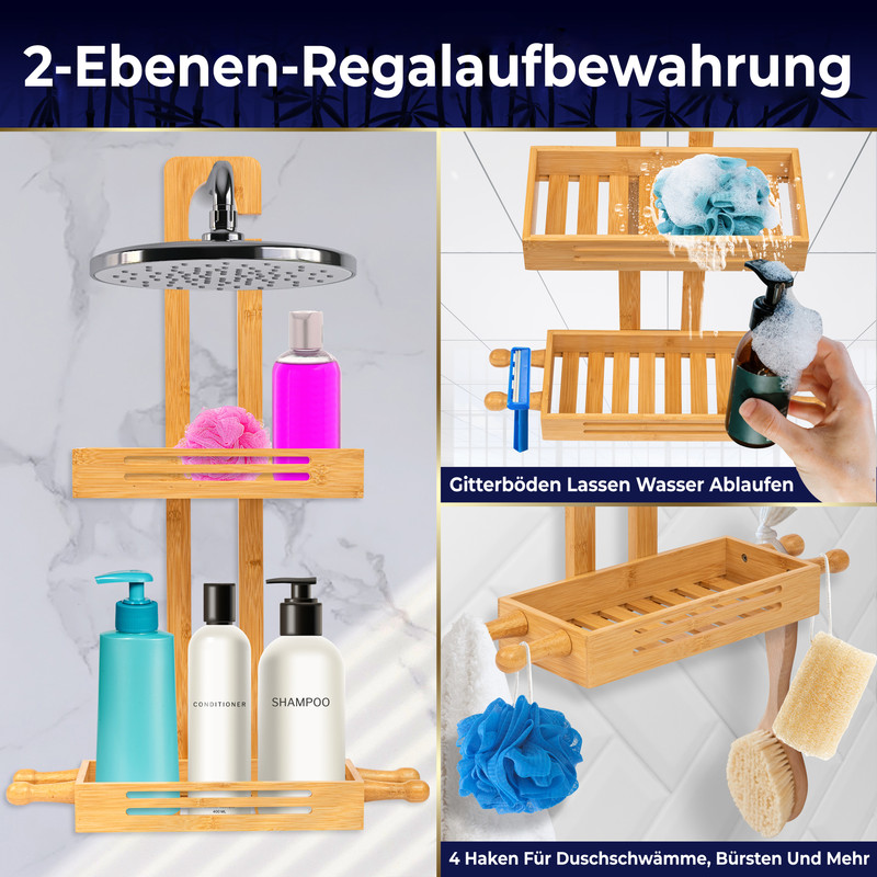 Zwei-Ebenen-Badezimmer-Aufbewahrung aus Bambus mit Duschkopf, Lotionen und Seife.