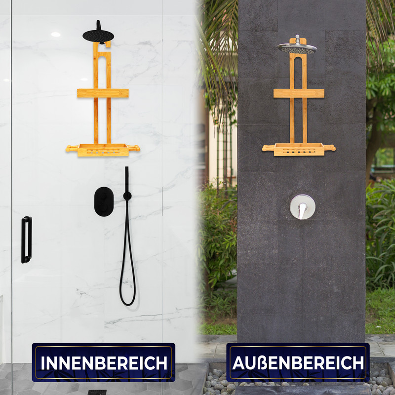 Eine Duscharmatur aus Holz in einem Innen- und einem Außenbereich.