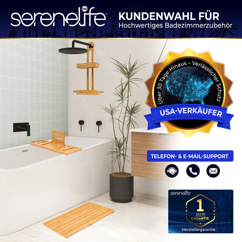 Badezimmer mit Wanne, Dusche, Holzzubehör, Pflanze und Garantie-Siegel.