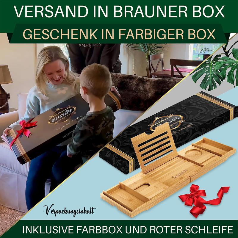 Frau und Kind mit einer schwarzen Geschenkbox, daneben eine Bambus-Badewannenablage mit roter Schleife auf blauem Hintergrund.