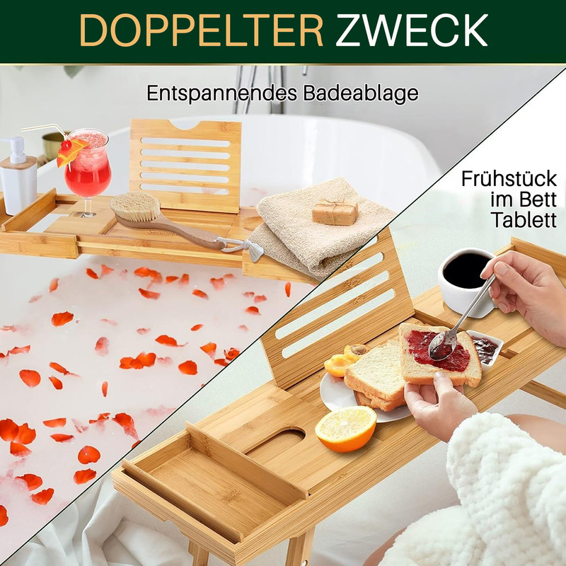 Badeablage aus Bambus mit Glas, Seife, Bürste, Handtüchern und Frühstück im Bett.