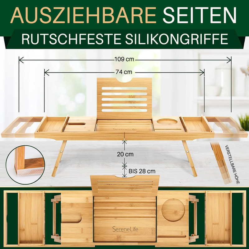 Ein ausziehbarer Bambus-Badewannenständer mit mehreren Fächern und verstellbarem Neigungswinkel.