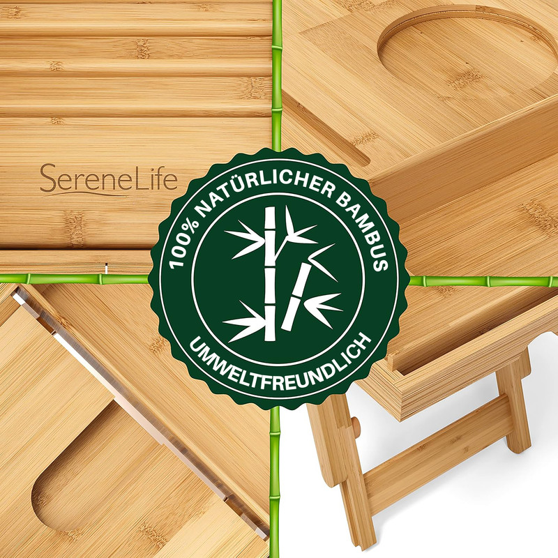 Collage aus Bambus-Badewannenablage-Merkmalen: SereneLife-Logo, ein Becherhalter, ein verstellbarer Buchständer und Klappbeine.