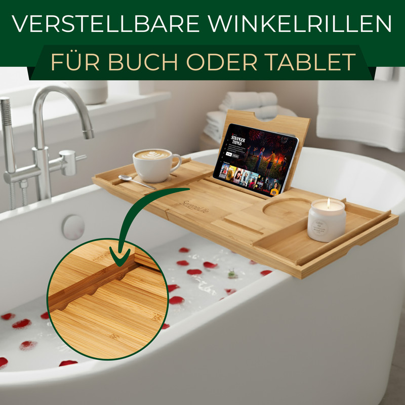 Badezimmer-Tisch mit Tablet, Kaffee und Kerze. Nahaufnahme der Bambusstruktur.