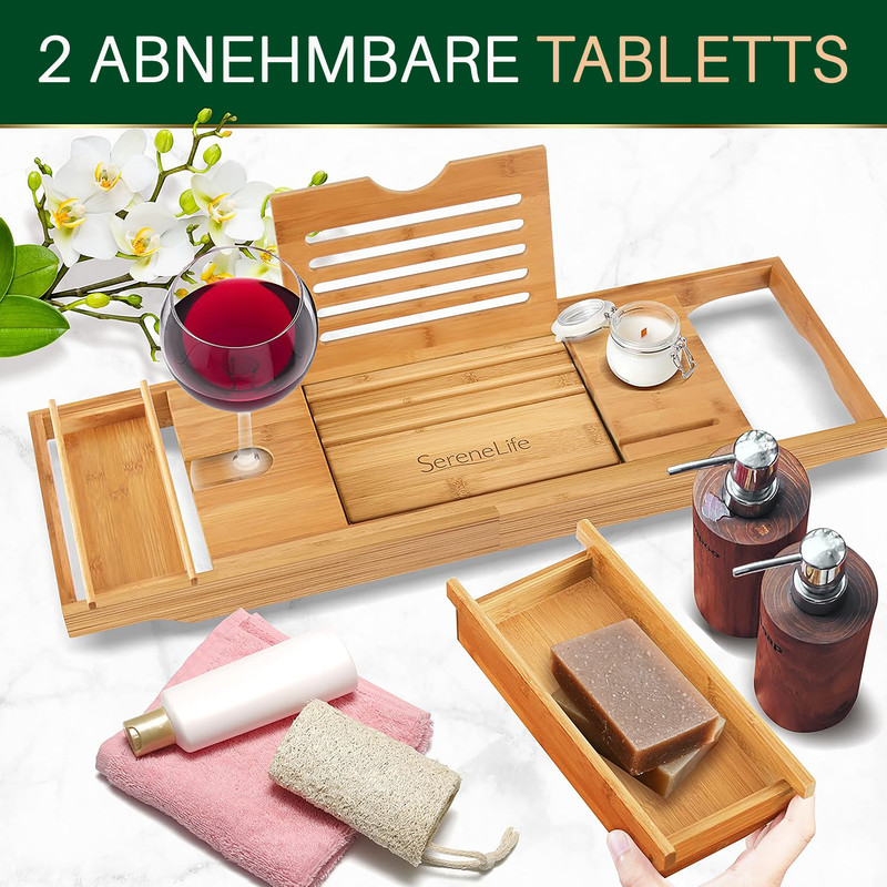 Ein Bambus-Badewannencaddy mit Wein, Kerze und Badezubehör. SereneLife-Logo auf dem Caddy sichtbar.