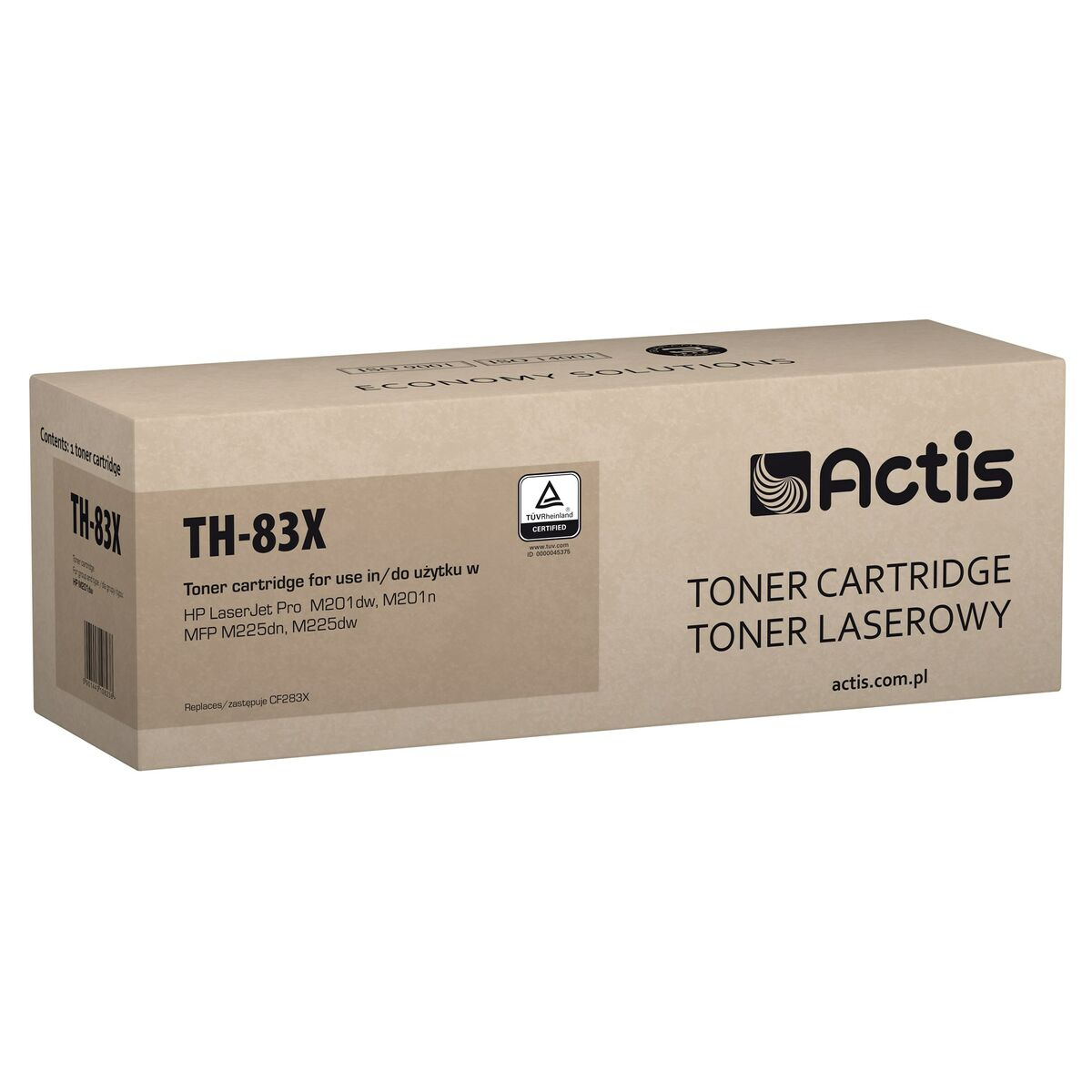 Beżowe pudełko z tonerem Actis, model TH-83X, do drukarek HP LaserJet, z certyfikatem TÜV Rheinland.