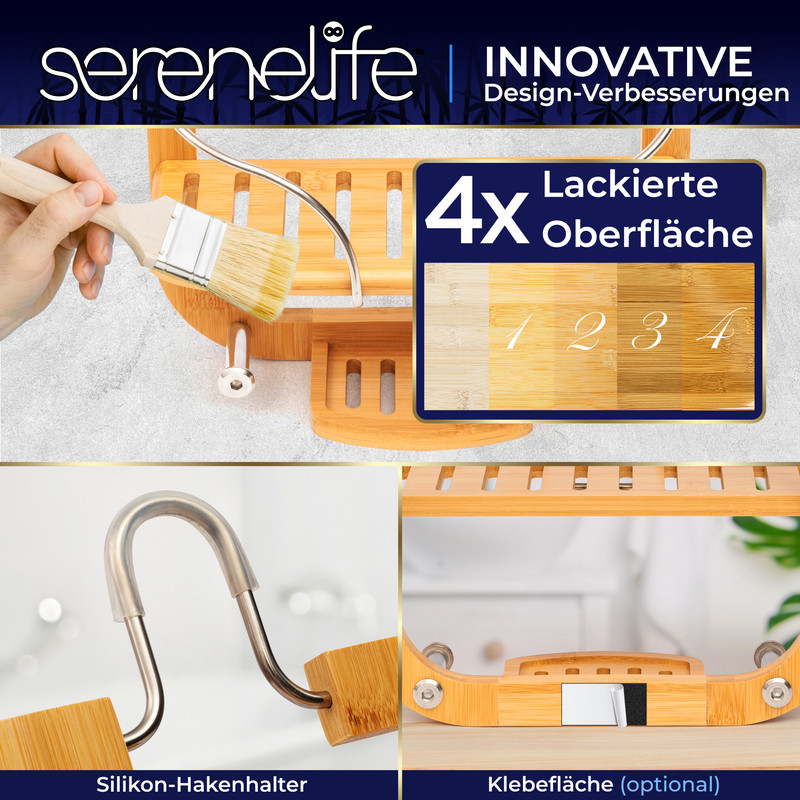 Bambus-Duschregal mit 4x lackierter Oberfläche, Hakenhalter und Klebefläche.
