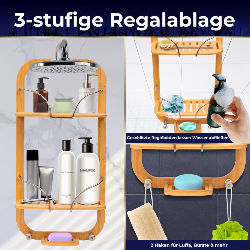 Drei-stufige Bambus-Duschablage mit Seife, Shampoo, Conditioner und Bürsten.