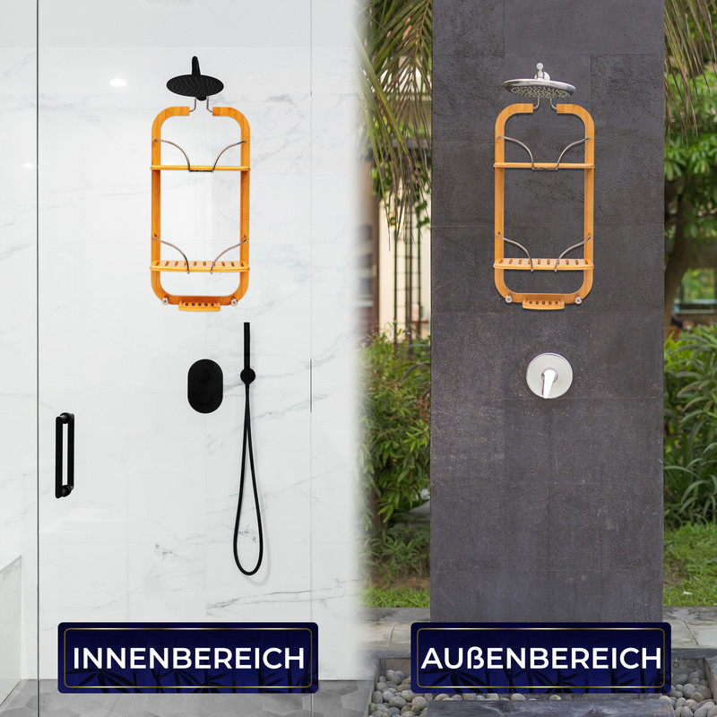 Ein Innen- und ein Außenbereich mit Duschen und Holzböden.