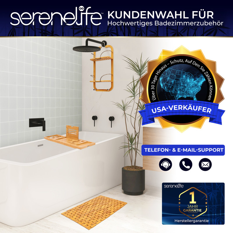 Ein modernes Badezimmer mit Badewanne, Duschkopf, Bambusablage und Badematte.
