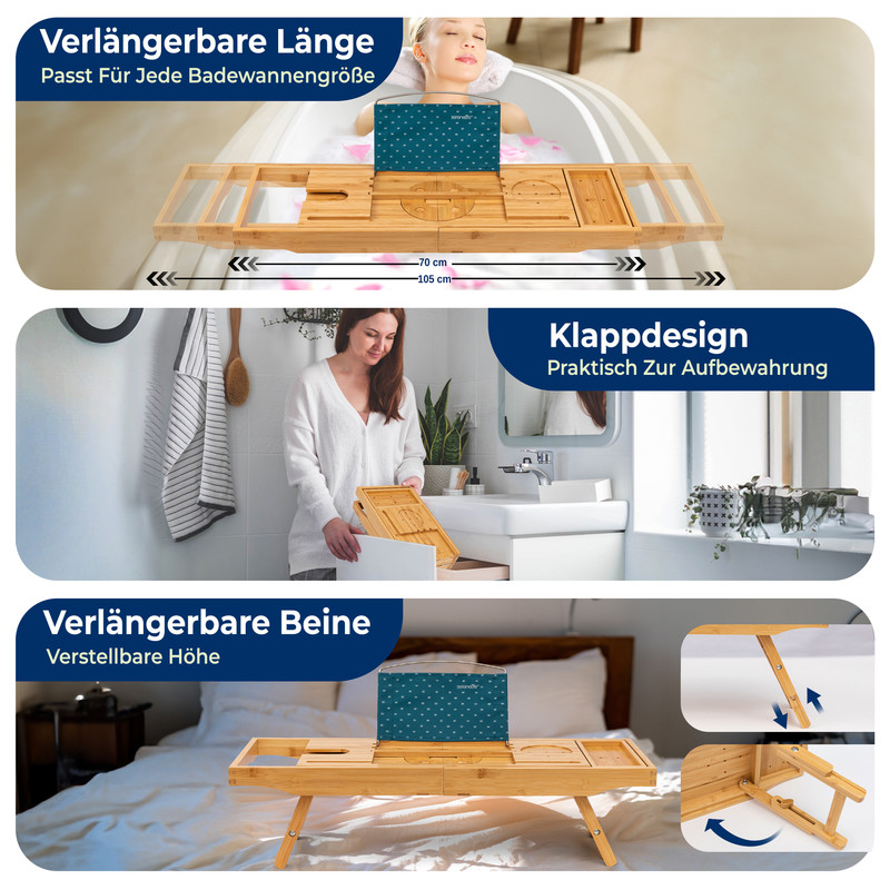 Badezimmertablett aus Holz, ausziehbar und klappbar, für Badewanne und Bett.