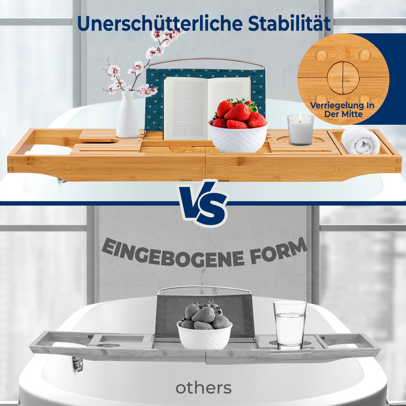 Vergleich von zwei Badewannenablagen: Eine aus Holz, eine aus Metall.
