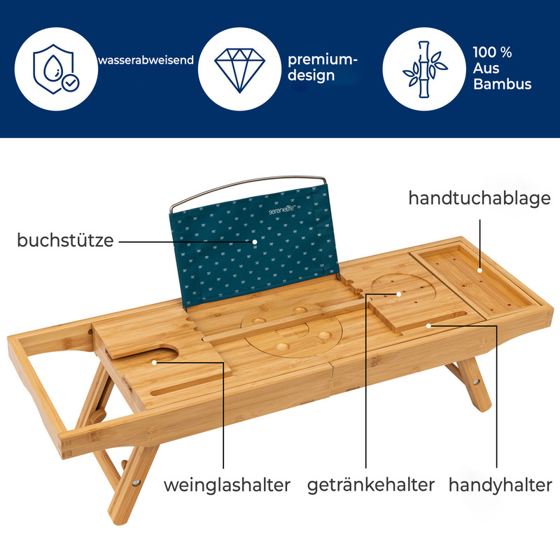 Ein hölzerner Badewannenablage mit Getränkehalter, Buchstütze und Handtuchablage.