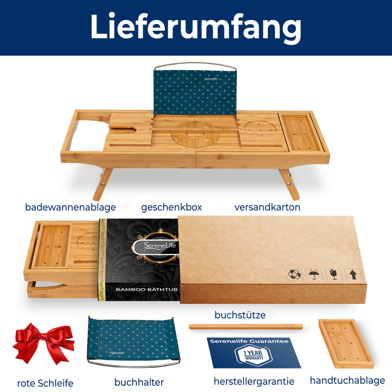 Lieferumfang: Bambus-Badewannenablage, Geschenkbox, Versandkarton, Buchstütze, rote Schleife, Buchhalter, Handtuchablage, Garantiekarte.
