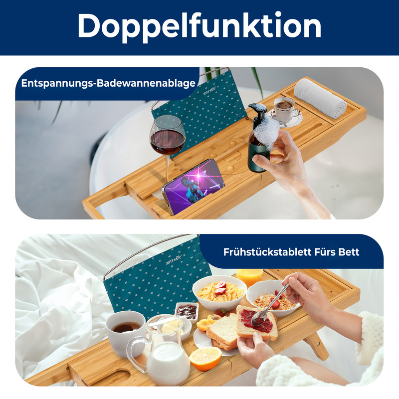 Ein Bambustablett für Badewanne und Bett mit Handy, Wein, Kaffee und Frühstück.