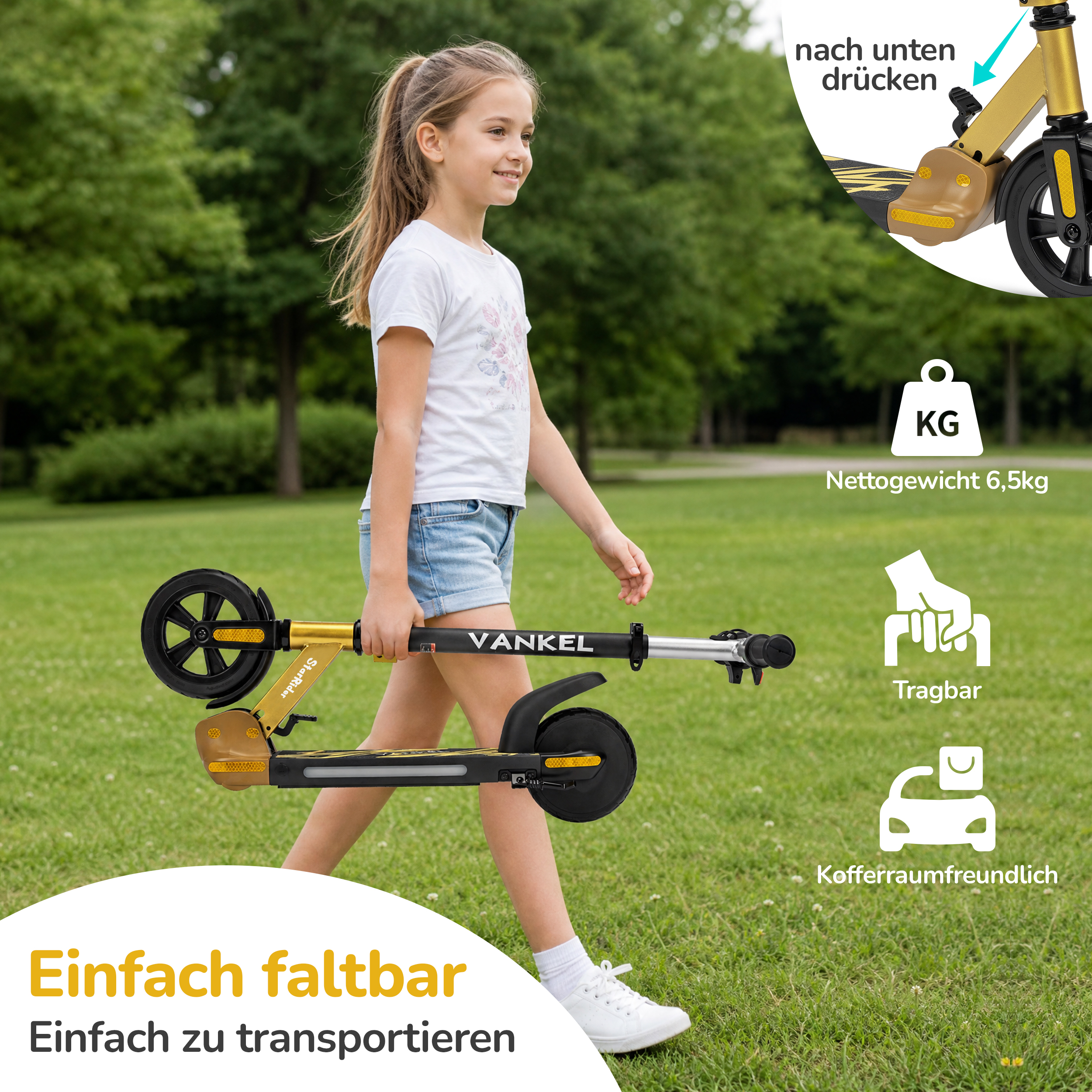 Ein lächelndes Mädchen geht in einem Park und hält einen zusammengeklappten gold-schwarzen Roller. Text-Overlays heben Merkmale hervor.