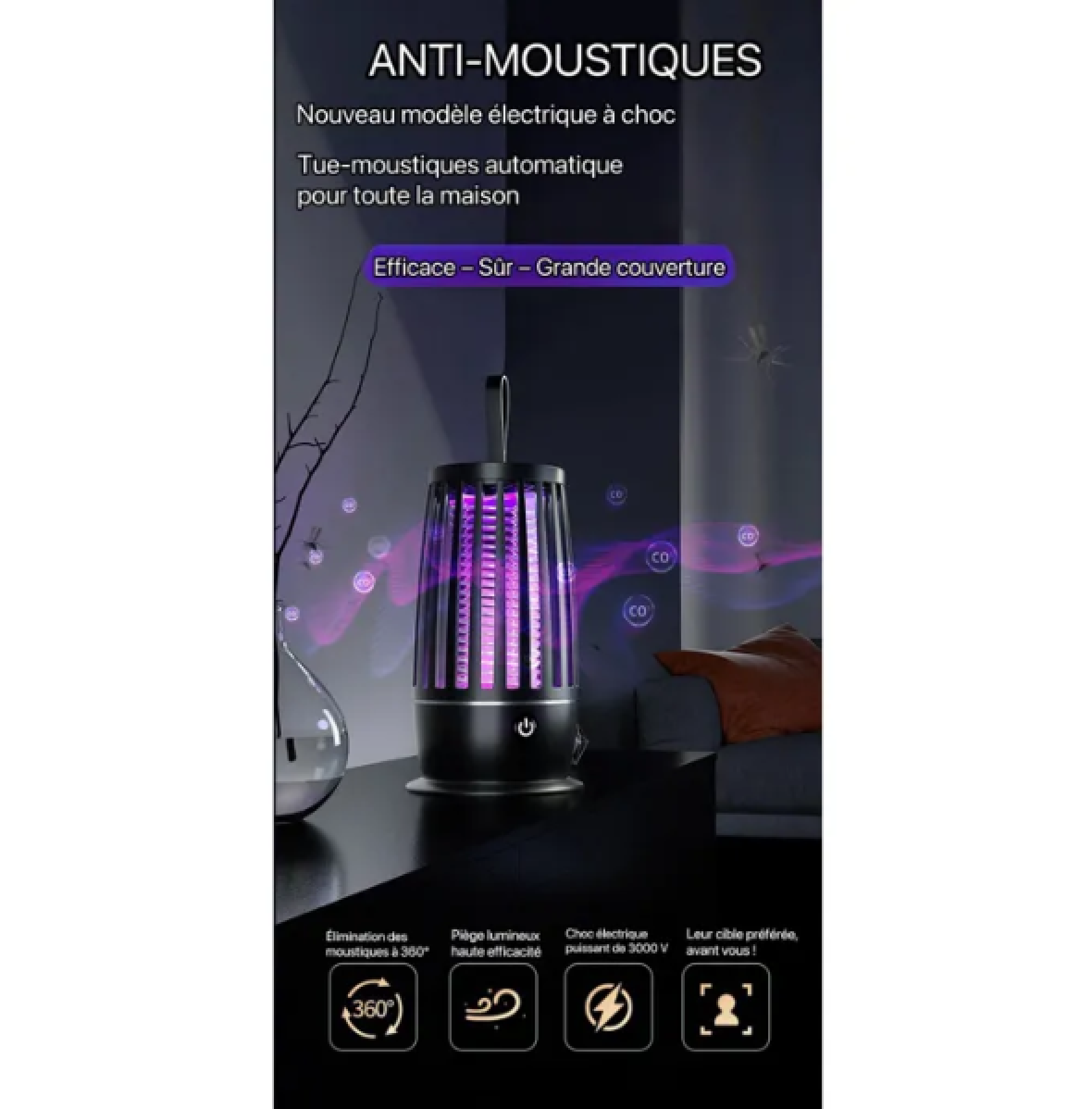 Eine schwarze Mückenlampe mit violettem Licht auf einem Tisch, mit Text-Overlay, das ihre Funktionen beschreibt.