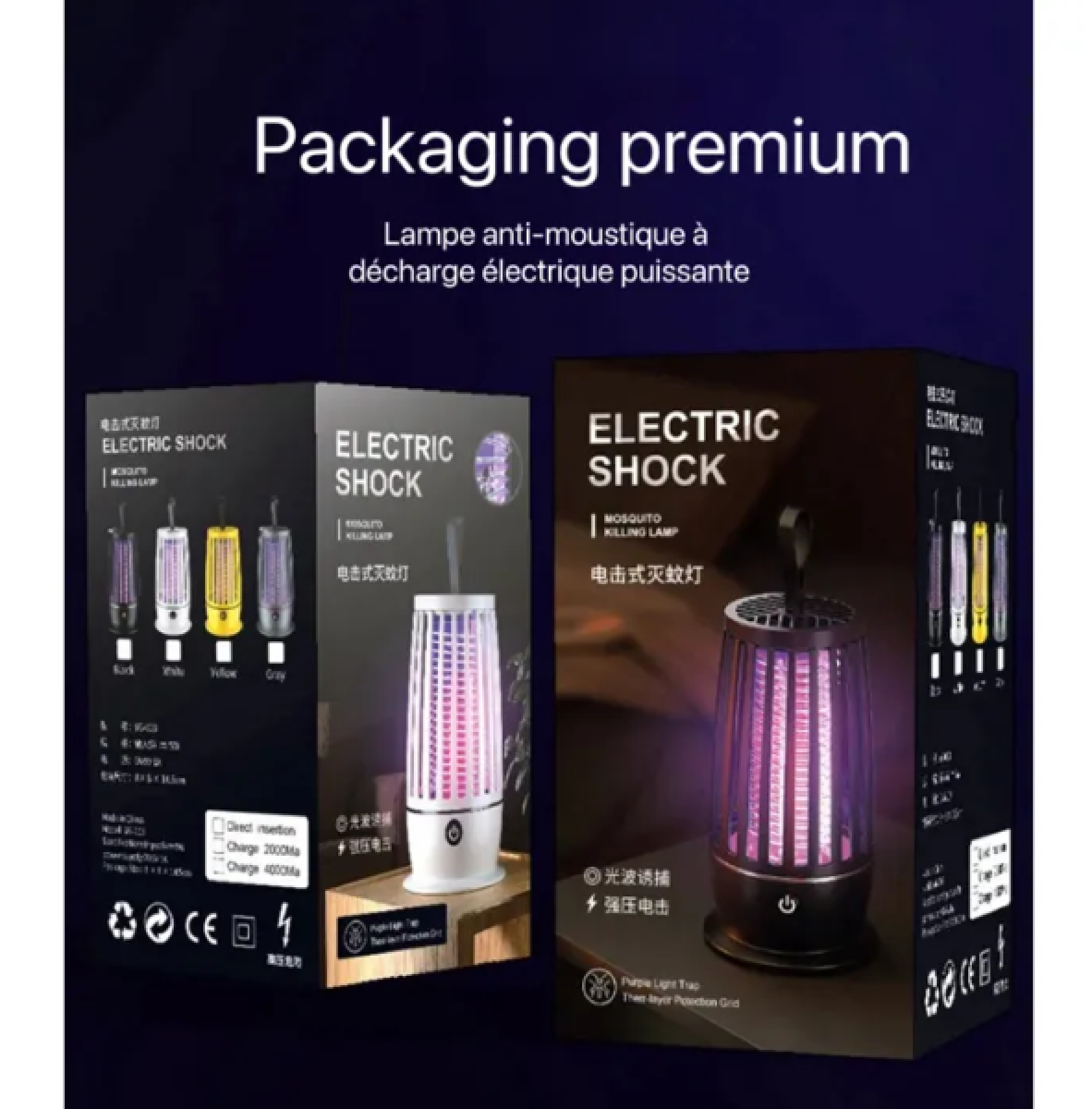 Verpackung mit elektrischer Mückenlampe in Lila, Gelb, Weiß und Grau.