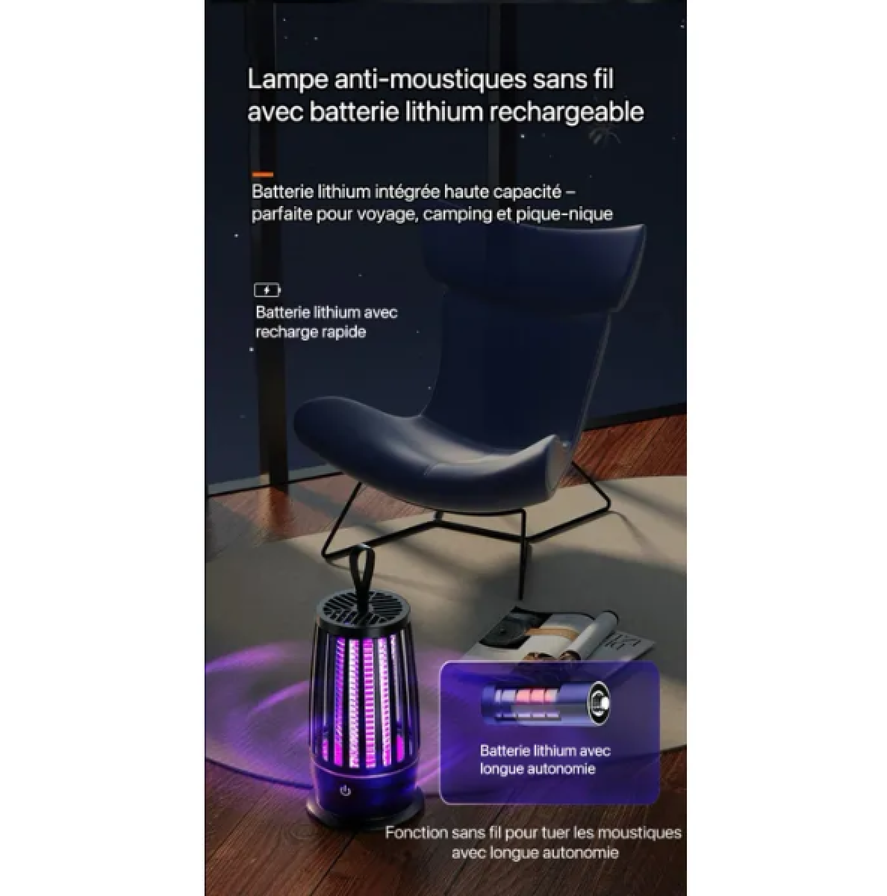 Eine leuchtende lila Mückenlampe auf einem Holzboden, mit einem blauen Stuhl und Text, der ihre Funktionen im Hintergrund beschreibt.