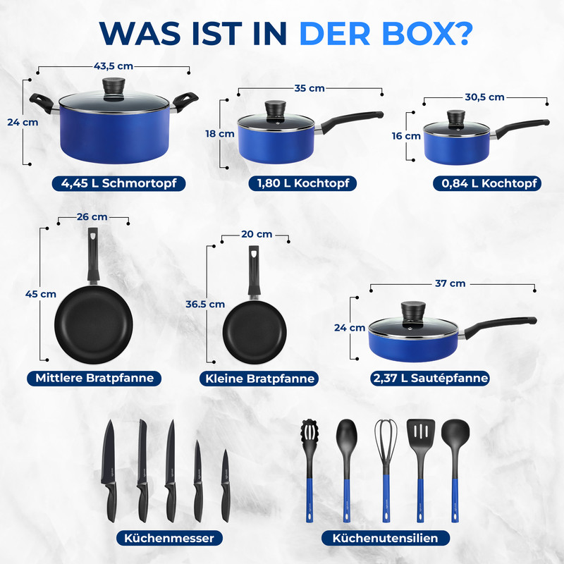 Blaue Kochgeschirre und Küchenutensilien mit Maßen.