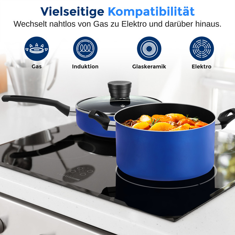Blaue Kochgeschirre auf einem Induktionskochfeld, mit Symbolen für Gas, Induktion, Glaskeramik und Elektro.