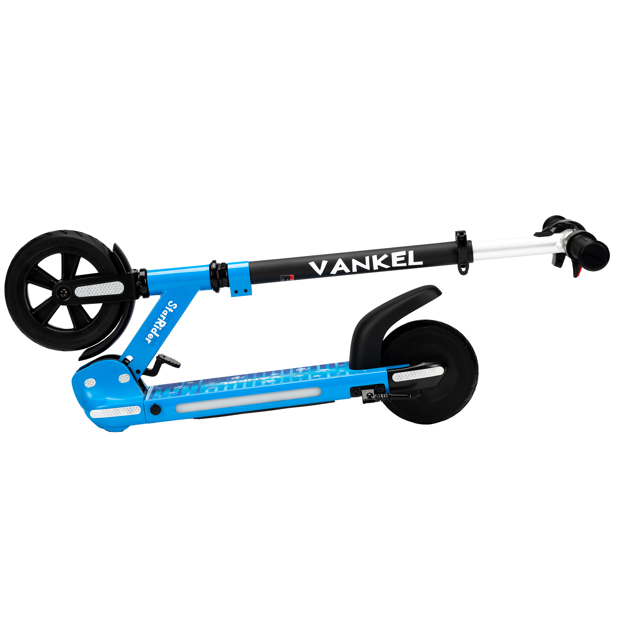 Ein blauer Kinderscooter mit dem Namen VANKEL steht auf weißem Hintergrund.