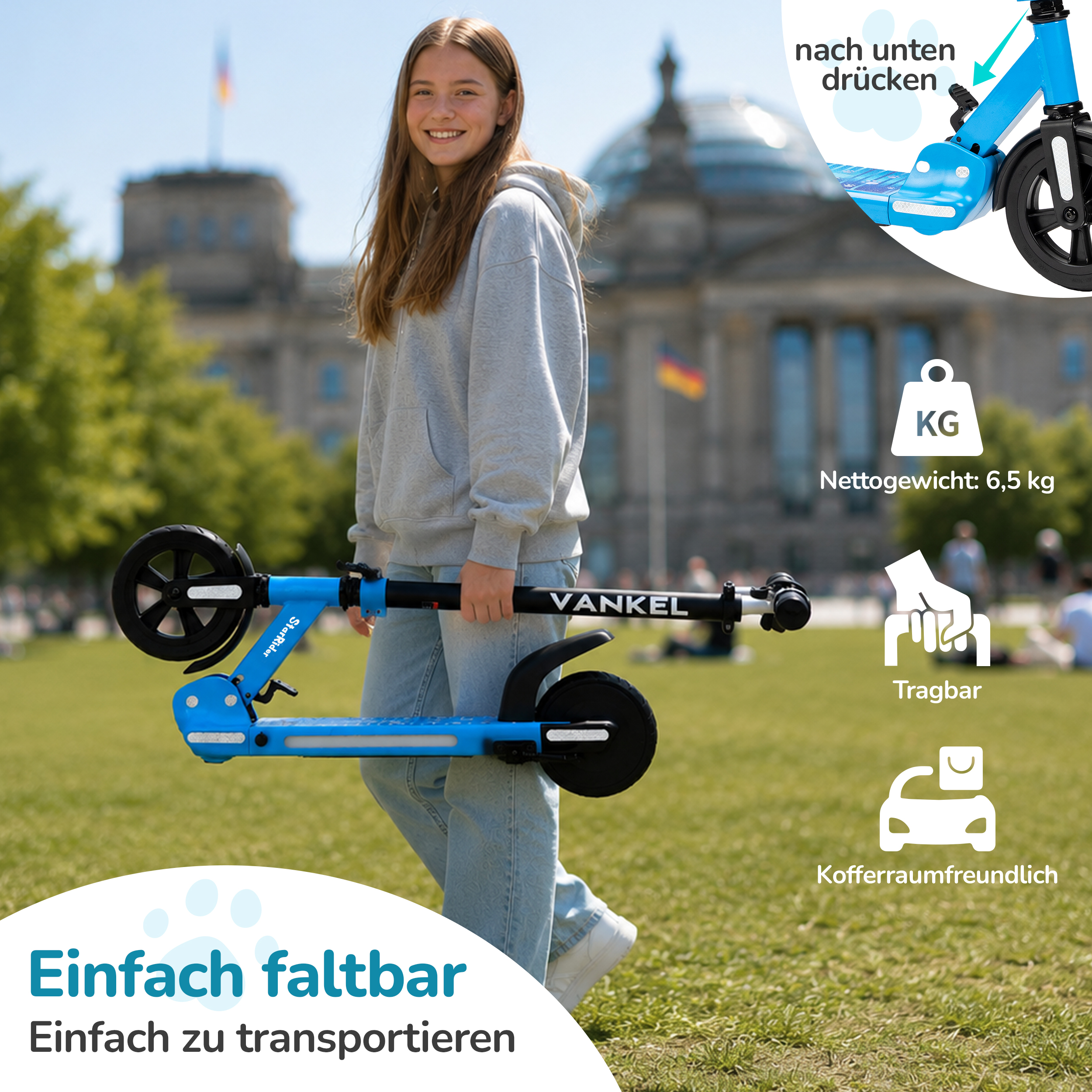 Ein Mädchen hält einen blauen Roller vor dem Reichstagsgebäude in Berlin.