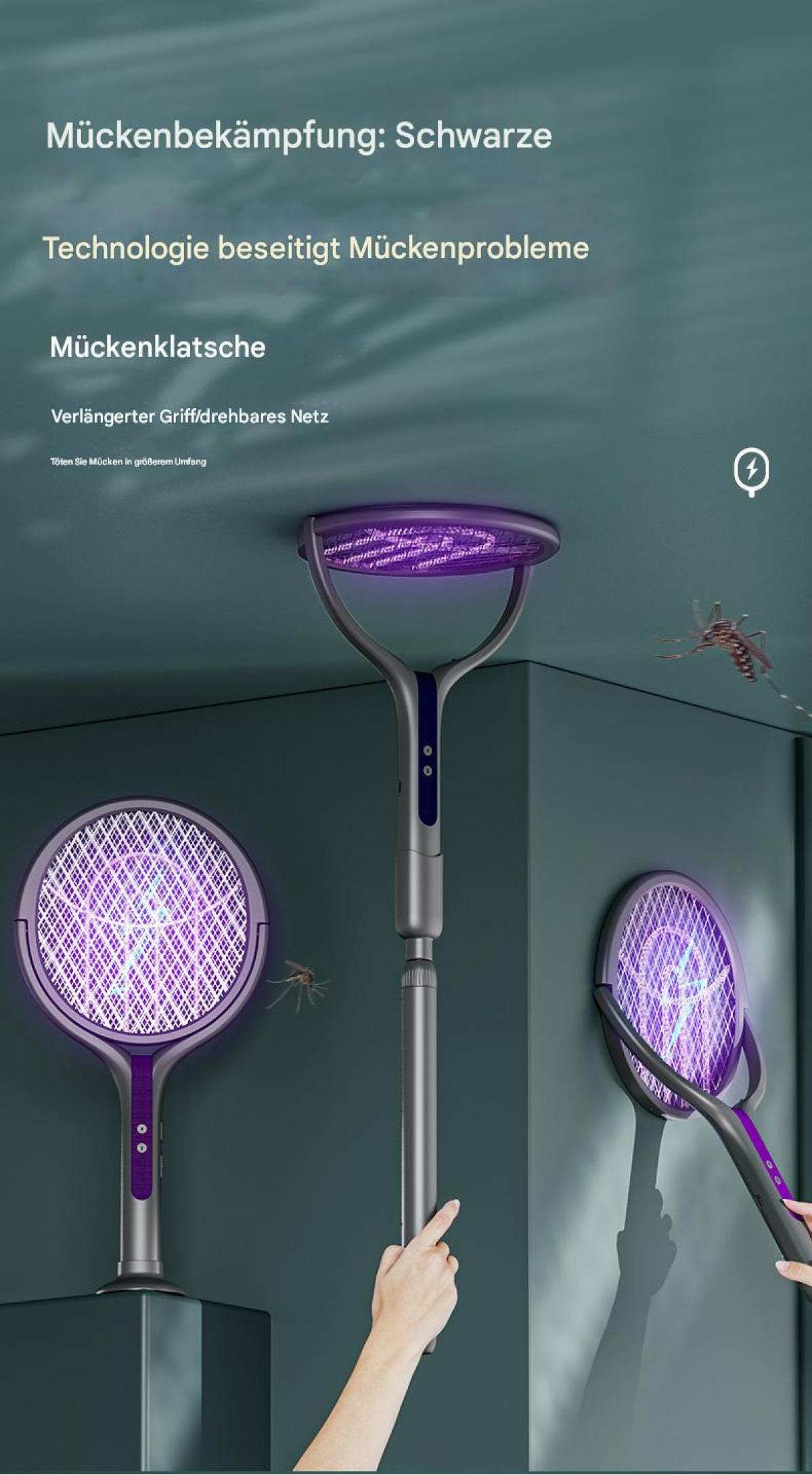 Drei lila elektrische Mückenklatschen, eine von einer Hand gehalten, vor einem dunkelblauen Hintergrund mit Mücken.