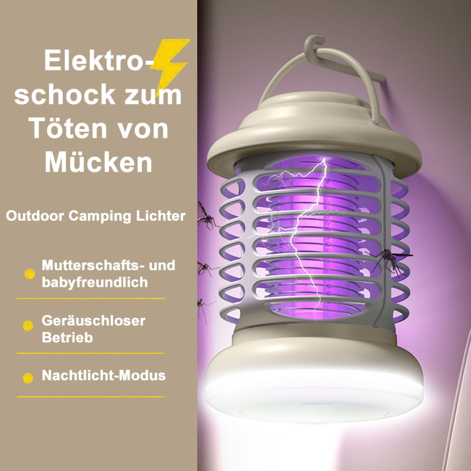Ein elektrischer Mückenvernichter mit lila Licht und Blitzen, der Mücken anzieht und tötet.