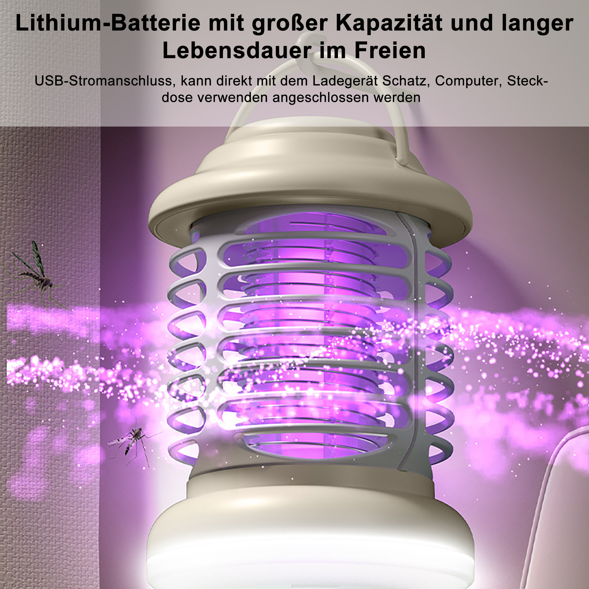 Ein Mückenvernichter mit lila Licht und zwei Mücken.