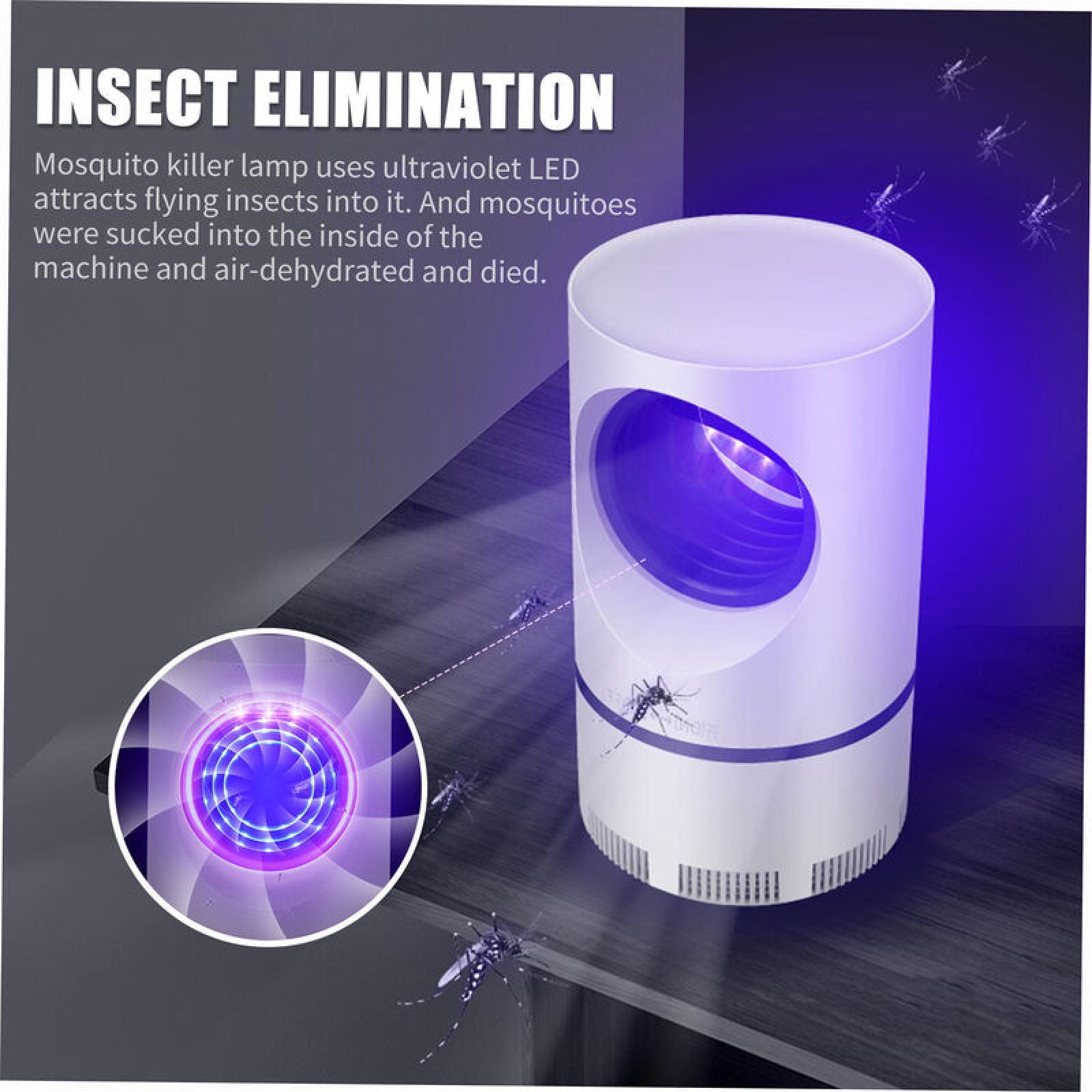 Eine weiße zylindrische Mückenlampe mit violettem UV-Licht, die Mücken auf einer dunklen Oberfläche anzieht.