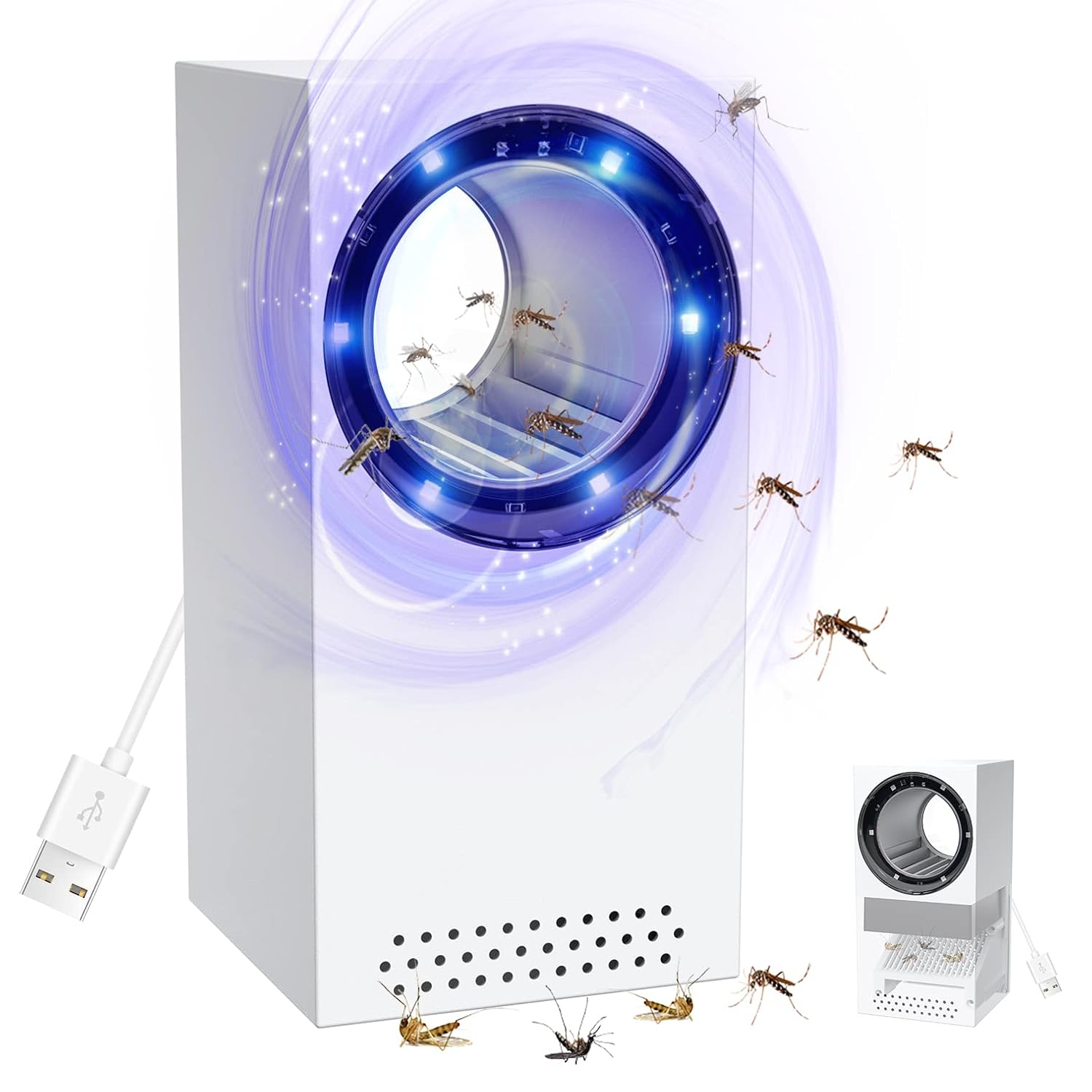 Ein weißer Mückenvernichter mit blauem Licht und anfliegenden Mücken.