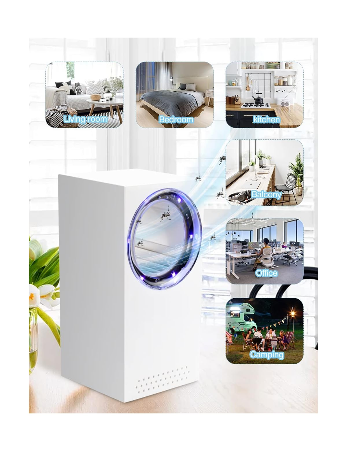 Ein weißer Mückenvernichter mit blauem Licht zieht Mücken an. Szenen: Wohnzimmer, Schlafzimmer, Küche, Balkon, Büro, Camping.