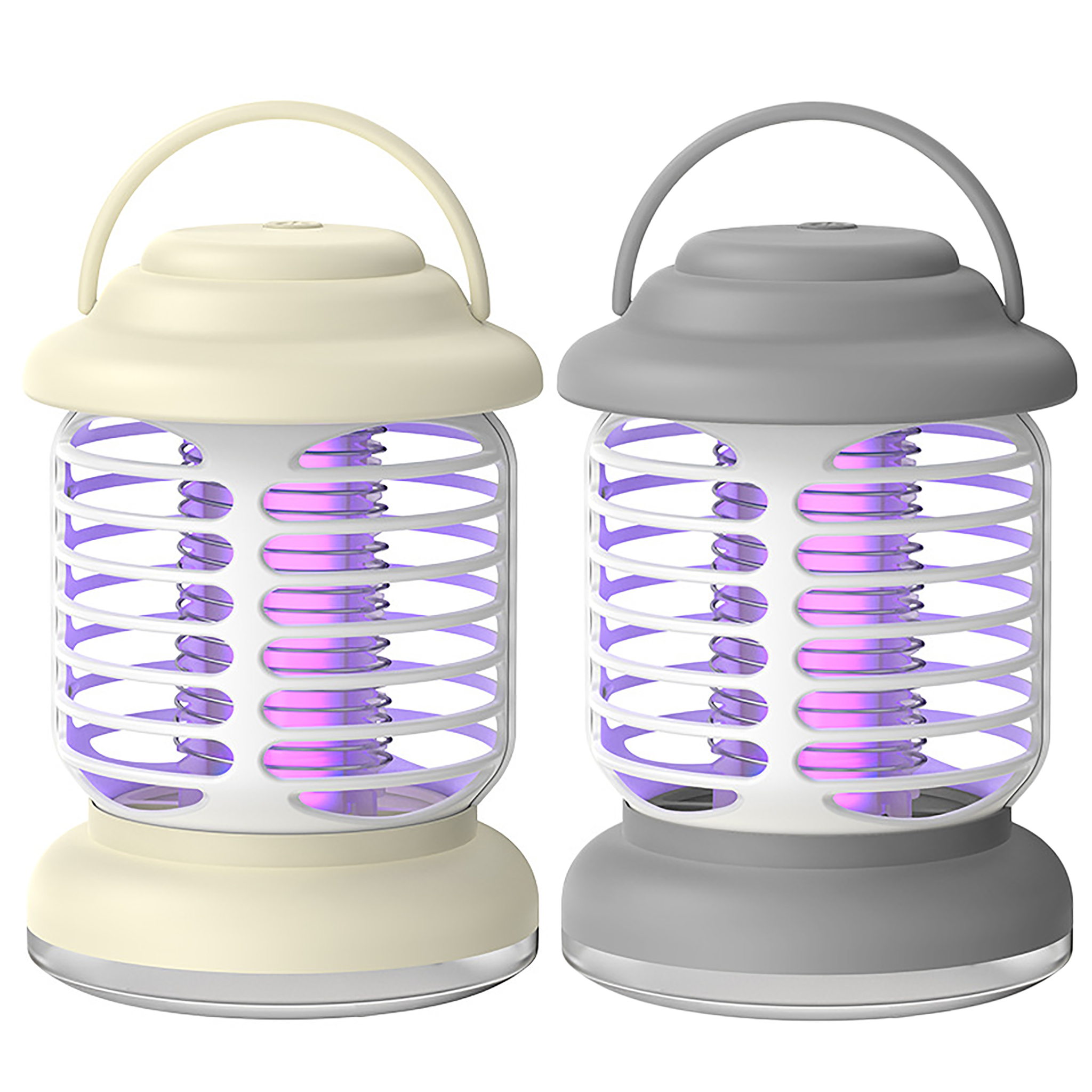 Zwei Insektenlampen: eine cremefarbene und eine graue, mit lila Licht.