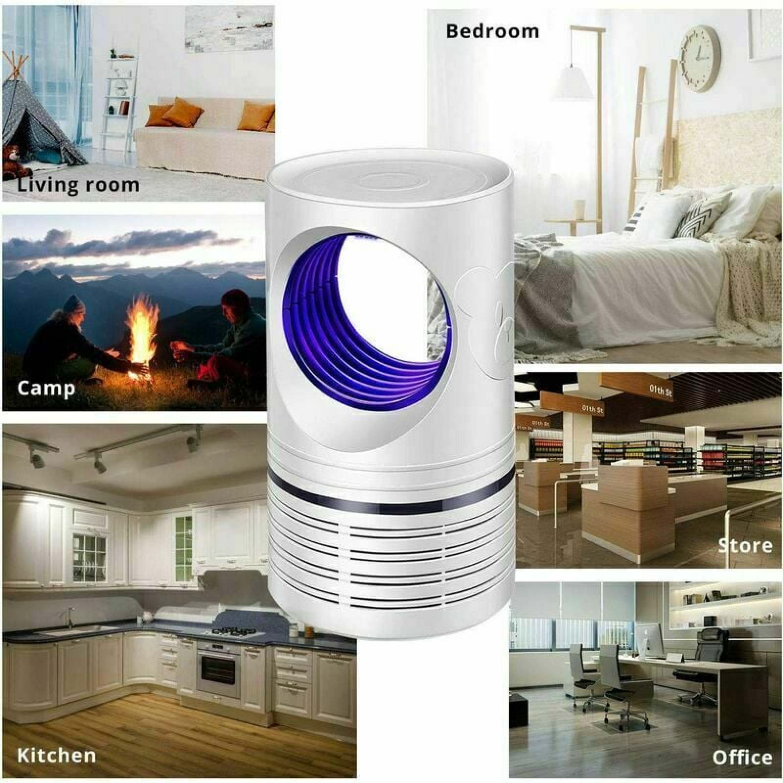 Ein weißer zylindrischer Mückenvernichter mit violettem Licht ist von sechs Bildern verschiedener Raumsettings und einer Campszene umgeben.