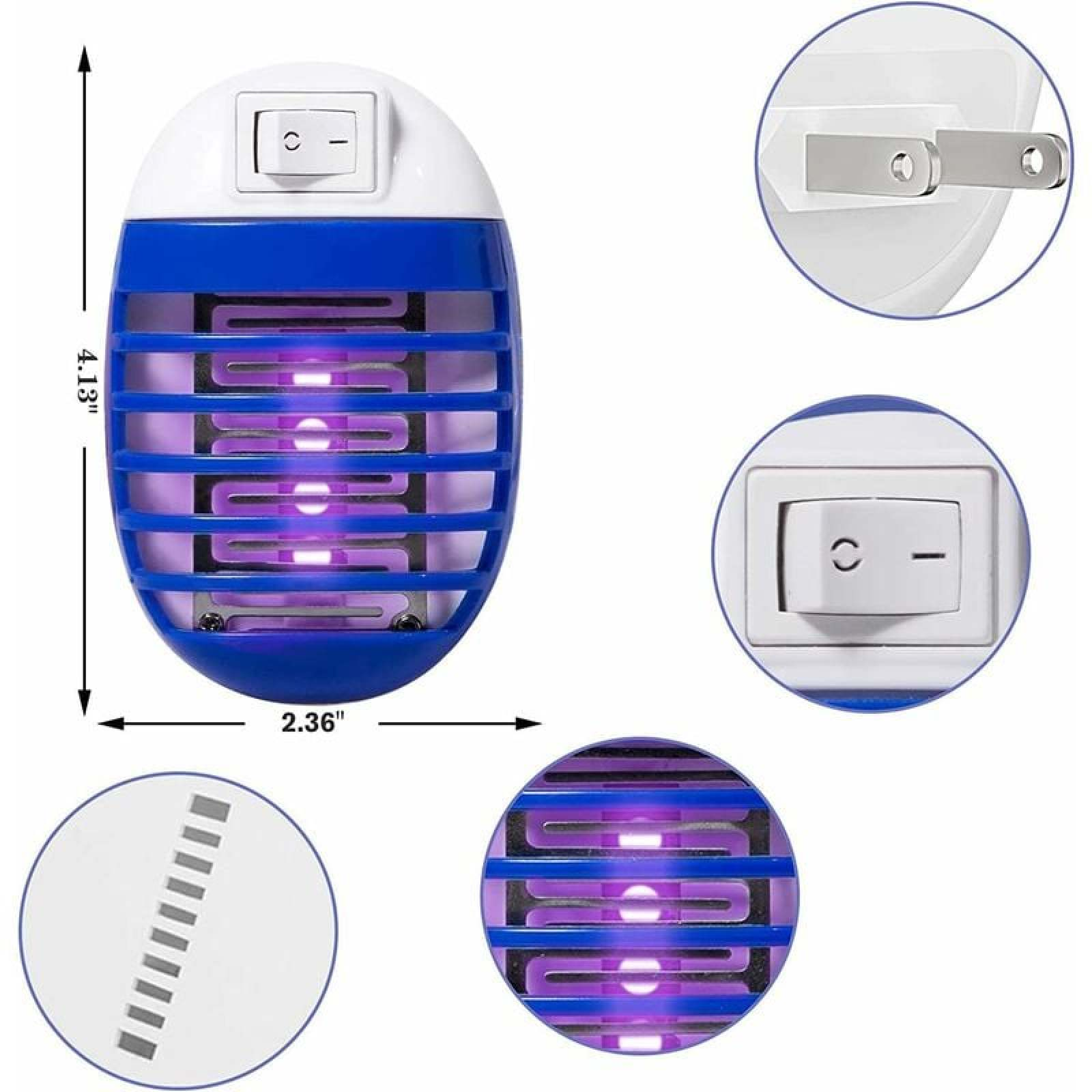 Ein blauer und weißer Insektenvernichter mit UV-Licht und Schalter.